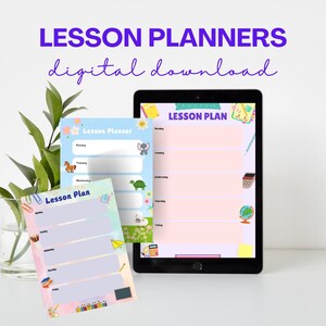 Peut inclure: Deux modèles de planificateur de cours imprimables affichés sur une tablette et un smartphone. Les modèles présentent un design coloré avec des animaux de dessin animé et des fournitures scolaires. Le texte "Lesson Planner" est visible sur les deux modèles.