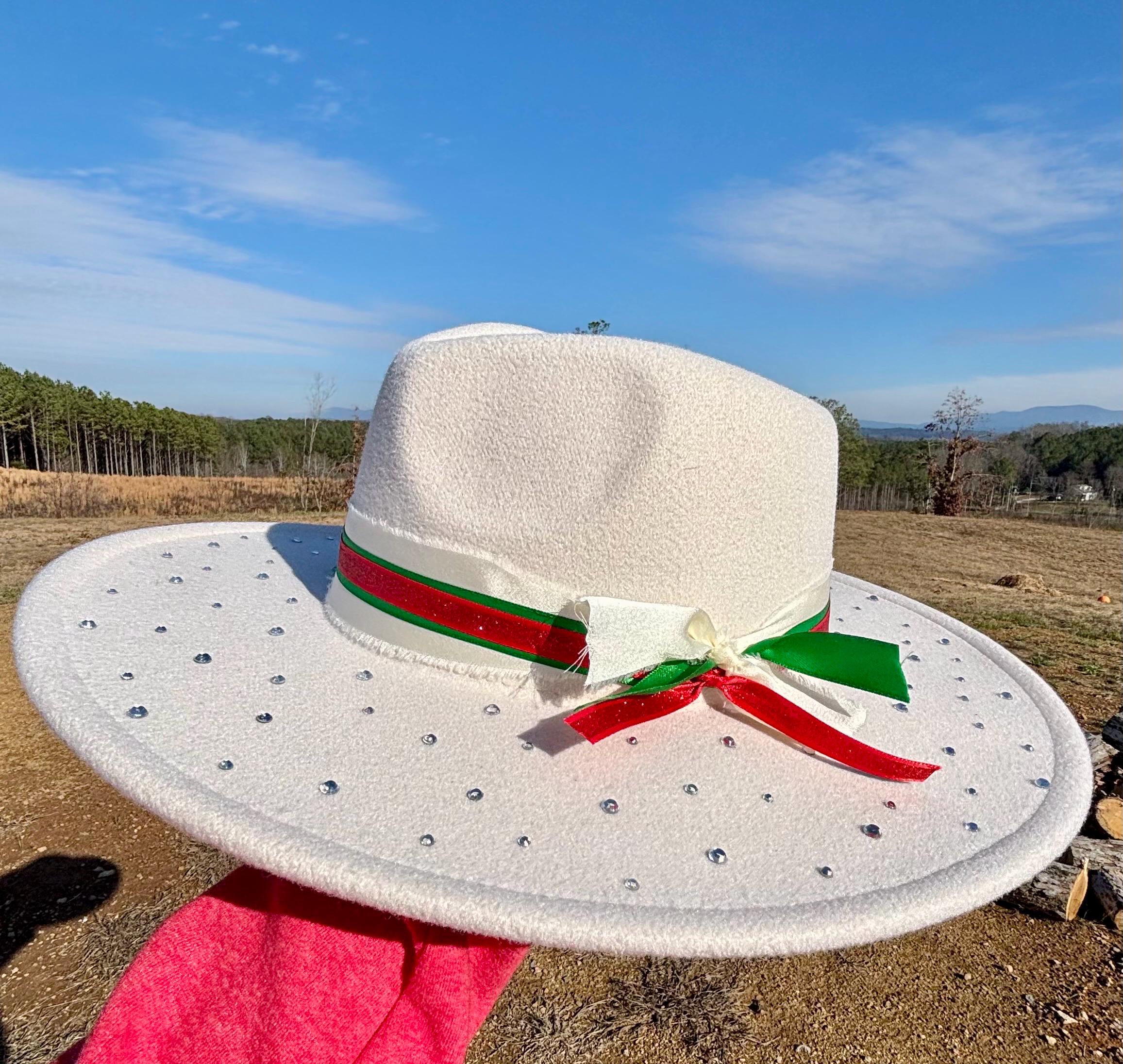 White Felt Cowgirl Hat • Rhinestone Christmas Ribbon Western  display picture 2