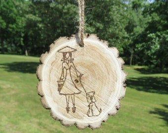 Wood Burned Dog Ornament, Girl Walking Dog, Handmade Wood Slice