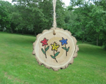 Handmade Floral Wood Slice Ornament, Woodburned Iowa Tree