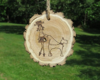 Wood Burned Dog Ornament, Walking the Dog, Handmade Iowa Wood Slice