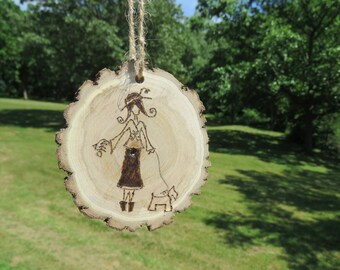 Walking The Dog, Dog Ornament, Girl Walking Dog, Wood Burned Ornament, Wood Ornament, Wood Slice, Handmade Ornament, Wood Slice Ornament.