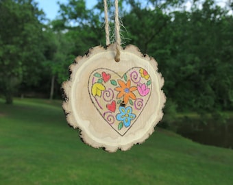 Floral Heart Ornament, Floral Ornament, Heart Ornament, Wood Ornament, Wood Slice, Tree Slice, Handmade Ornament, Wood Slice Ornament.