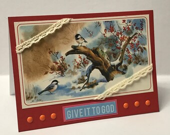 Give It To God, Encouragement Card, Scripture Card, Blank Card, Winter Card, Orioles, Christian Card, Handmade Card.