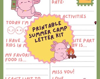 Camp Pen Pal Kit for Kids | Easy Camp Letters Printable | Axolotl Letter Writing Kit | Summer Camp Stationery | Camp Care Package