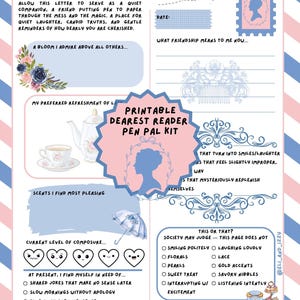 Puede incluir: Kit imprimible de amiga por correspondencia «Querido lector» con ilustraciones florales, una taza de té y un paraguas. Incluye secciones para completar para reflexiones personales, sobre un fondo a rayas rosas y azules.