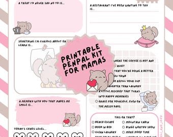 Cat Mama-to-Mama Pen Pal Kit – Printable Stationery Set with Prompts, Envelope & Reply Pages – Snail Mail Letter Writing Gift for Moms