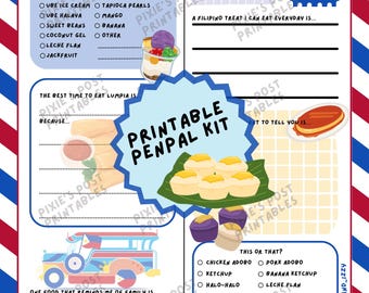 Filipino Food Pen Pal Kit – Kids Printable Stationery Set with Prompts & Envelope – Fun Snail Mail Letter Writing Activity (PDF Download)