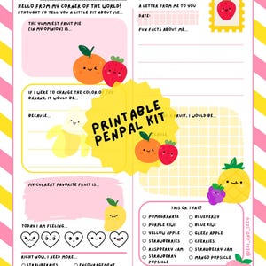 Kit imprimible de cartas para amigos por correspondencia: papelería infantil con temática de frutas, con indicaciones, páginas rayadas y sobre. Actividad para escribir cartas por correo postal.