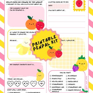 Printable Pen Pal Letter Kit – Fruit themed Kids Stationery Set with Prompts, Lined Pages & Envelope –Snail Mail Letter Writing Activity