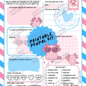 Kit imprimible de cartas para amigos por correspondencia: papelería infantil con temática de ajolote, con indicaciones, página rayada y sobre. Actividad para escribir cartas por correo postal.