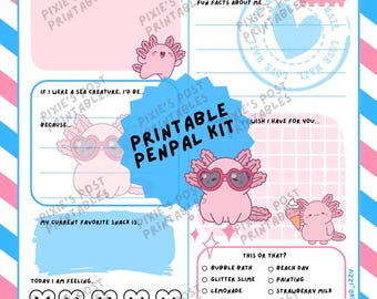 Axolotl Pen Pal Letter Kit – Kids Printable Stationery with Prompts & Envelope – Fun Snail Mail Writing Activity (Digital Download)