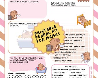 Capybara Mama-to-Mama Pen Pal Kit – Printable Stationery with Prompts, Envelope & Reply Page – Fun Snail Mail PDF Download