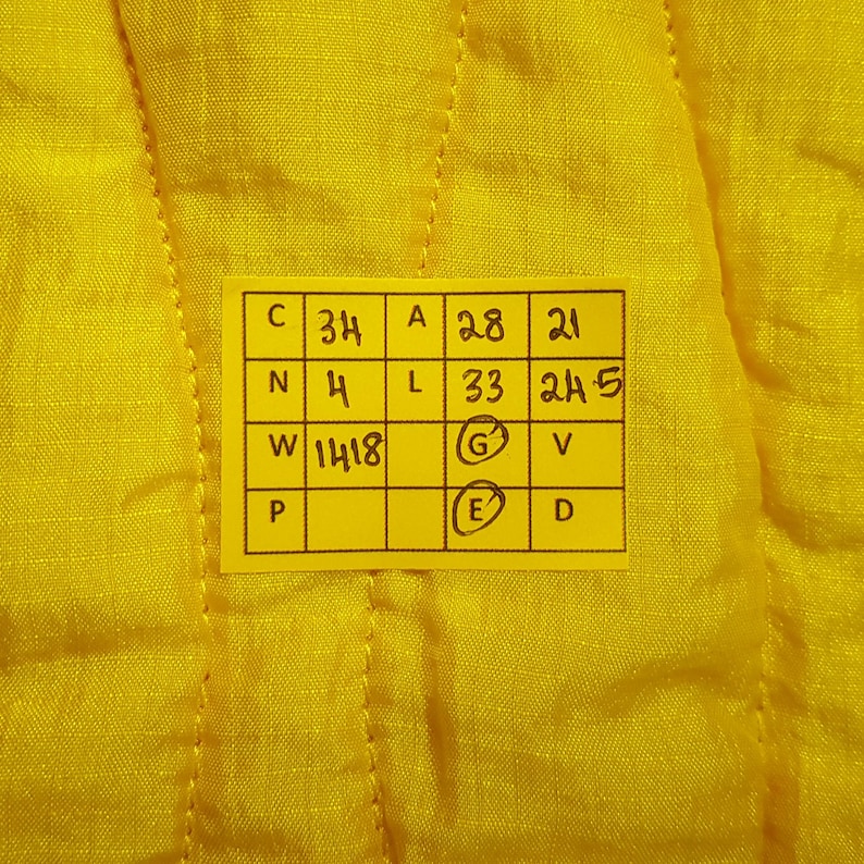 May include: Close-up of a bright yellow fabric with a stitched pattern. A yellow rectangular tag with black text and numbers is attached to the fabric. The tag contains the numbers 34, 28, 21, 4, 33, 245, 1418.