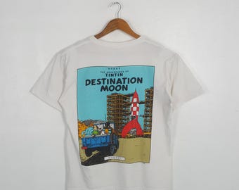 Vintage The Adventures Of Tintin Volume Destination Moon White T-Shirt