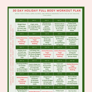 Puede incluir: Un plan de entrenamiento de cuerpo completo de 30 días para las vacaciones, diseñado para mejorar el estado físico y quemar calorías. El gráfico verde y blanco incluye ejercicios diarios como sentadillas, flexiones y zancadas, con días de descanso y opciones de recuperación activa.