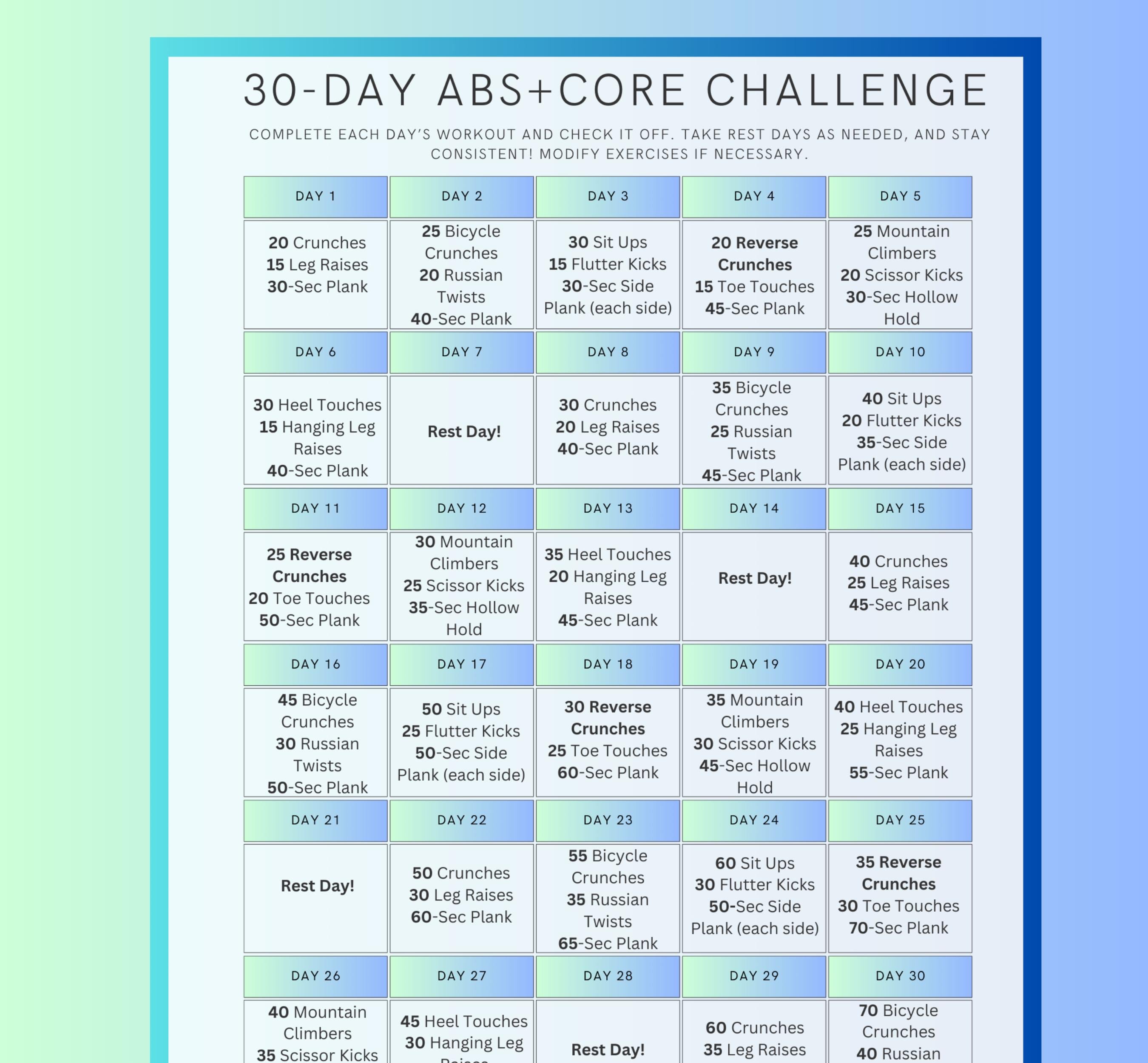 30 Day Ab Challenge Printable, Fitness Planner, Workout Guide, Exercise ...