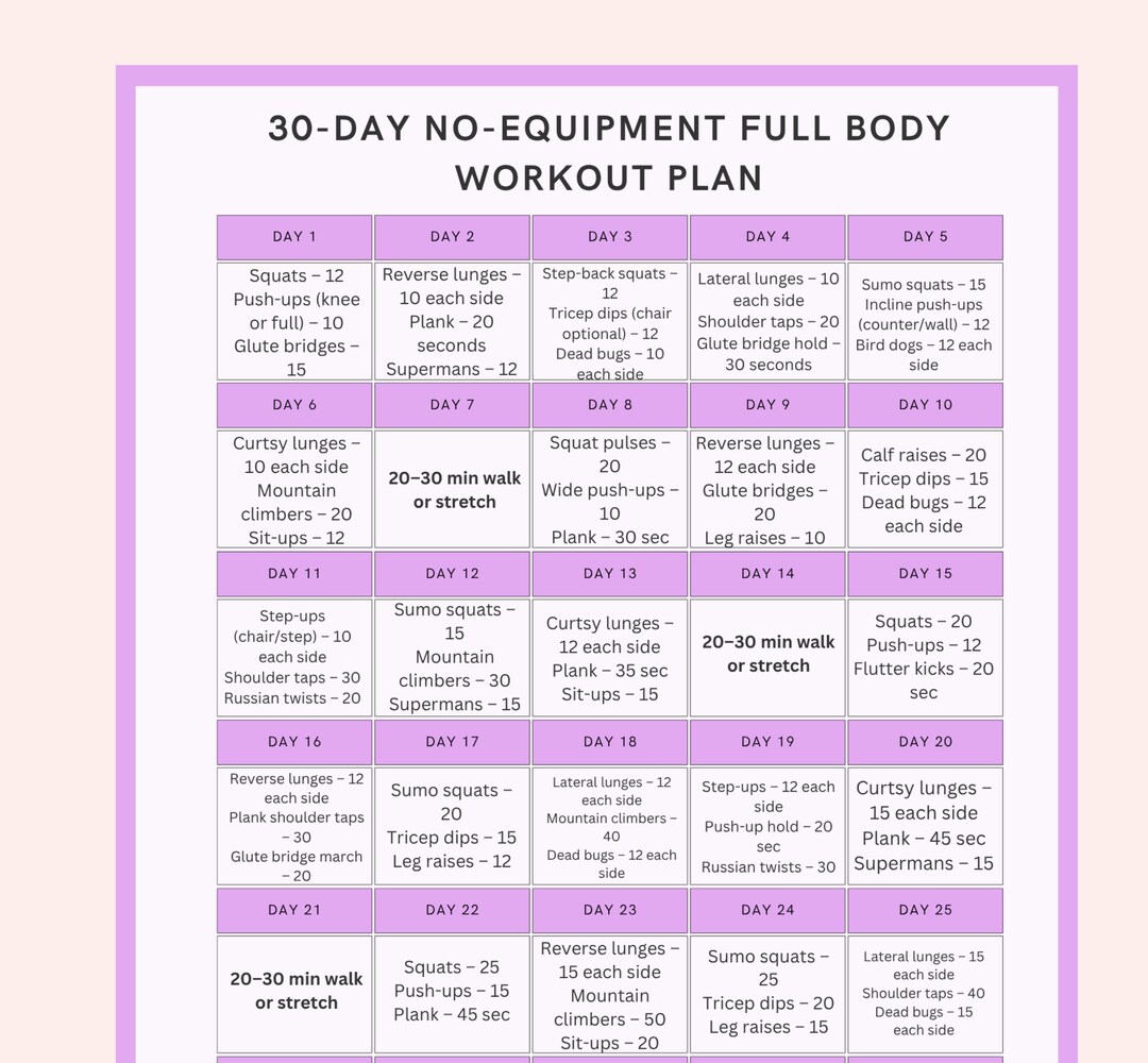 No Equipment Full Body 30 Day Workout Challenge - Etsy