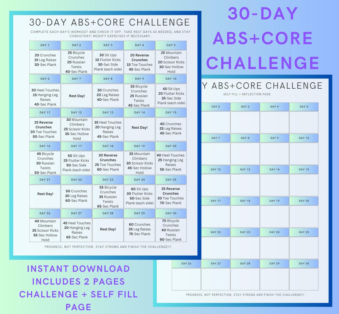 30 Day Ab Challenge Printable, Fitness Planner, Workout Guide, Exercise ...
