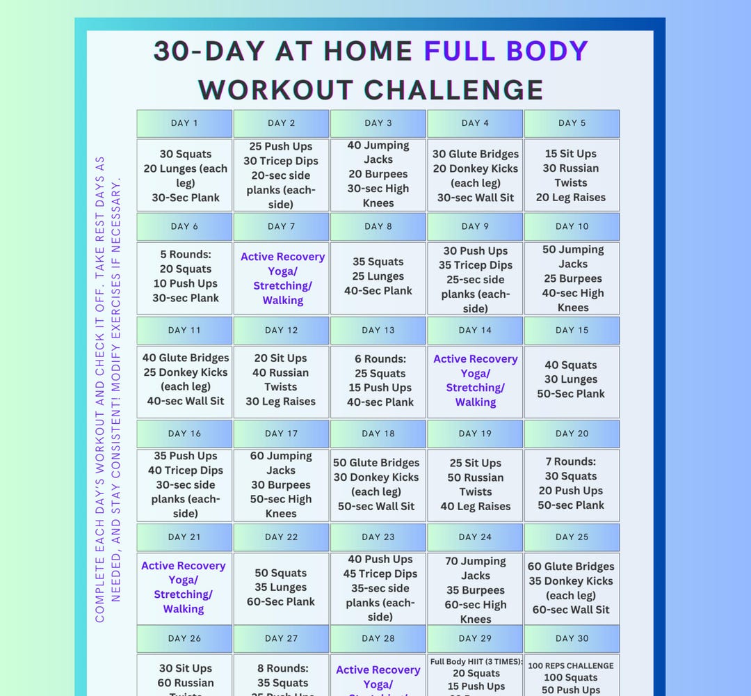 30 Day at Home Workout Challenge: Full Body Fitness Plan - Etsy