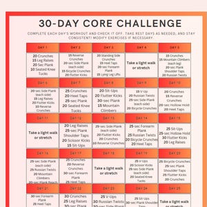 Reto CORE de 30 días: Planificador de entrenamiento en casa (Imprimible)
