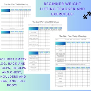 May include: A white weightlifting log with blue accents and the text "The Gain Plan: Weightlifting Log." The log includes sections for exercises, sets, and duration. The text "BEGINNER WEIGHT LIFTING TRACKER AND EXERCISES!" is also visible.