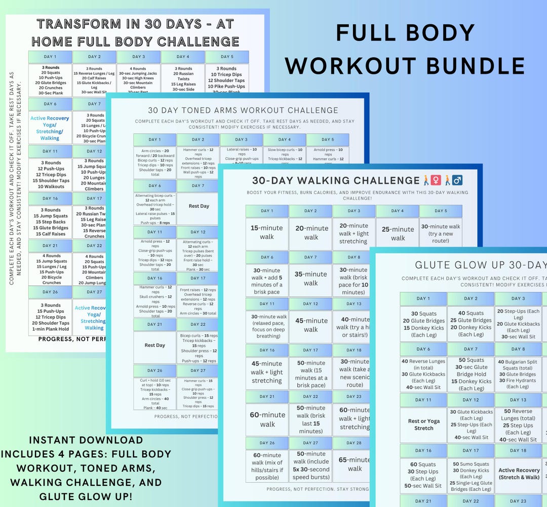 30 Day Workout Challenge Bundle | Full Body, Glutes, Arms & Walking ...