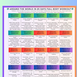 May include: A colorful workout plan titled "Around the World in 25 Days Full Body Workout." It features daily exercise routines with destinations like Paris, Tokyo, and Bali. The plan is designed to mix movement, culture, and creativity.