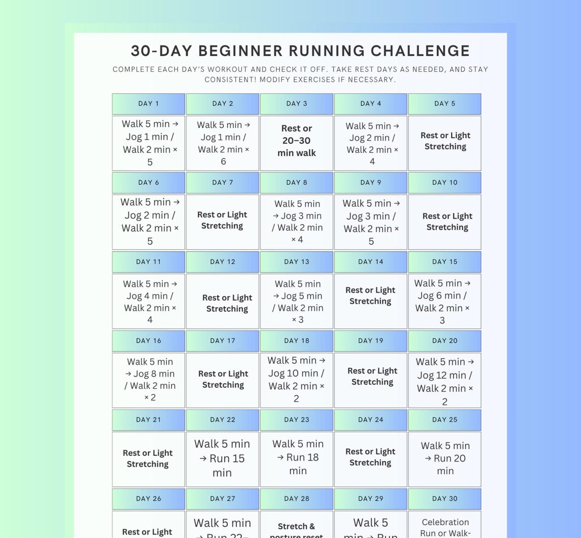 30 Day Beginner Running Challenge Printable | Walk to Run Program ...