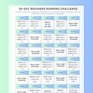Può includere: Un grafico della sfida di corsa per principianti di 30 giorni con sfondo bianco e schema di colori blu e verde. Il grafico include piani di allenamento giornalieri con esercizi di camminata, jogging e stretching. Il testo recita: "COMPLETE EACH DAY'S WORKOUT AND CHECK IT OFF."