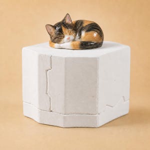Puede incluir: Una caja hexagonal blanca con acabado mate, rematada con una pequeña figura de cerámica realista de un gato calicó durmiendo. El gato presenta manchas de pelaje negro, naranja y blanco, con los ojos cerrados y las patas metidas bajo el cuerpo.