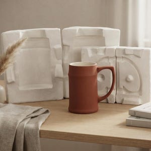 May include: A terracotta-colored ceramic mug with a smooth, cylindrical body and a curved handle. Behind the mug are several white, rectangular plaster molds with recessed geometric patterns. A beige fabric cloth is visible in the foreground.