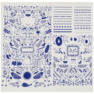 Puede incluir: Una colección de ilustraciones en tinta azul sobre fondo blanco con diversos elementos botánicos, frutas, plumas, flechas y bordes decorativos. El diseño incluye dibujos detallados de líneas de hojas, flores y patrones geométricos.