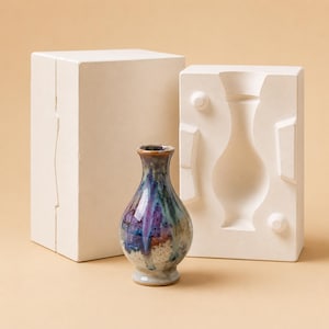 May include: A small ceramic vase with a bulbous body and a narrow neck, featuring a glossy glaze in shades of purple, blue, and cream. Beside it stands a two-part white plaster mold used for casting the vase, showing the interior negative shape.
