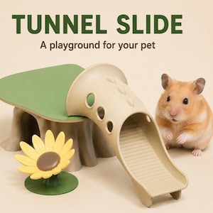 May include: A beige and green pet tunnel slide with a flat platform and a curved ramp featuring circular cutouts. A small yellow sunflower-shaped accessory sits nearby. The text TUNNEL SLIDE A playground for your pet is visible above.