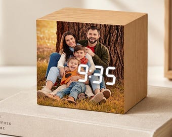 Personalized Photo Alarm Clock, Custom Wooden Digital Clock, Family Gift, Birthday Gift, Anniversary Gift, Couple Keepsake, Desk Decor