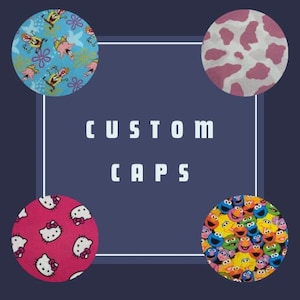 May include: Image features four circular fabric patterns with cartoon characters and a cow print, arranged around the text "CUSTOM CAPS" on a navy blue background. The patterns include SpongeBob, Hello Kitty, and Sesame Street characters.