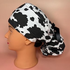 Cow Scrub Cap - Adjustable Scrub Cap - Pony Tail, Bun Scrub Cap - Animal Print Scrub Cap - Scrub Hat
