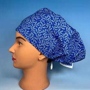 Blue Floral - Adjustable Scrub Cap - Euro Scrub Cap - Blue Leaves Scrub Cap - Scrub Hat