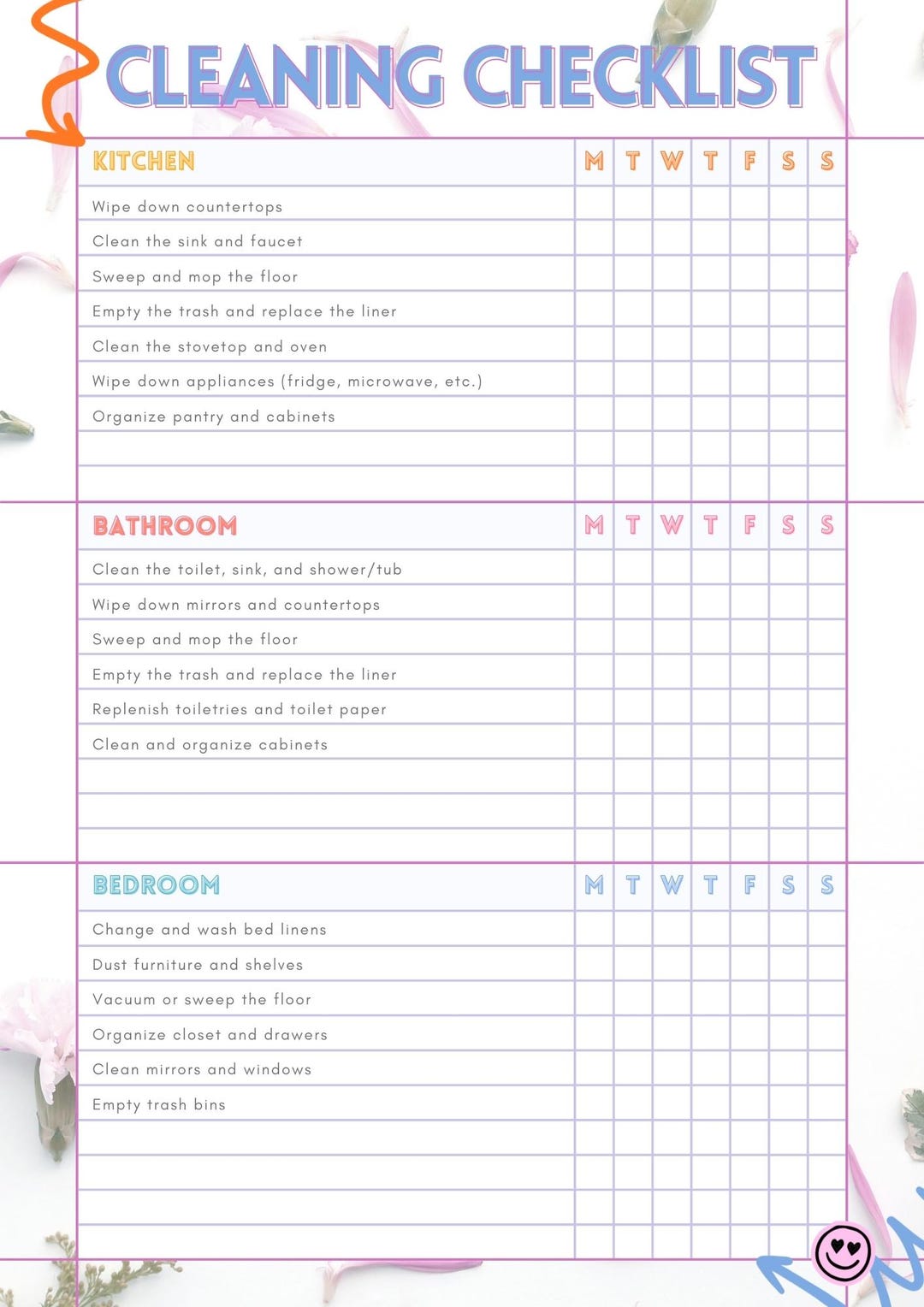 Pastel Weekly Cleaning Checklist Printable | Cute Home Cleaning Planner ...