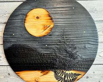 Stor 60 cm kosmisk skiva | Trä, ormbunkar, måne, natur | Unik väggkonst