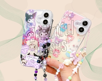 Cute Cartoon Kitty and Bunny Phone Case for iPhone 16 Pro Max 15 Pro 14 13 Soft Silicone Shockproof Cover with Bracelet.
