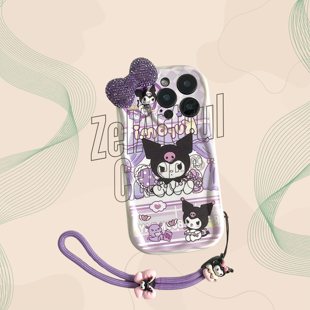 Kawaii Wave Kuromi Hello Kitty My Melody Cinnamoroll Phone Case For iPhone 16 15 14 13 12 11 Pro Max XR XS 8 7 Plus Diamond Bow with Lace.