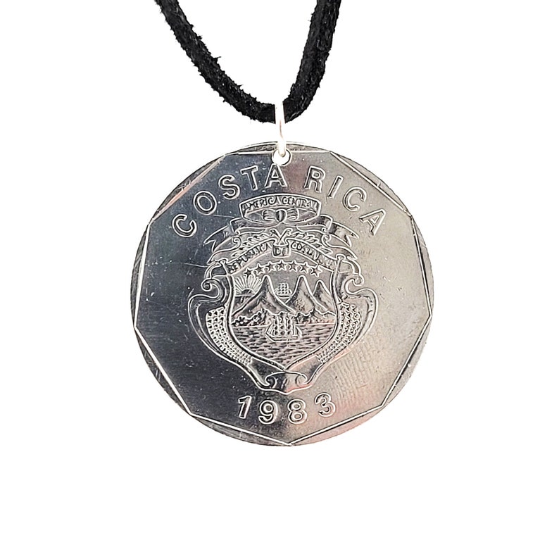 Costa Rica Coin Necklace, 20 Colones, Coin Pendant, Leather Cord, Mens Necklace, Womens Necklace, 1983, 1985 image 1