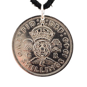 England Coin Necklace, 2 Shillings, Coin Pendant, Leather Cord, Men&#39;s Necklace, Women&#39;s Necklace, 1948, 1949, 1950, 1951