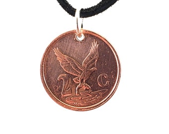 South African Eagle Coin Necklace, 2 Cents, Mens Necklace, Womens Necklace, Coin Pendant, Leather Cord, Birth Year, 1993, 1999, Vintage