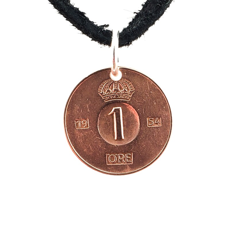 Small Swedish Coin Necklace, 1 Ore, Coin Pendant, Mens Necklace, Womens Necklace, Leather Cord, Birth Year, 1954, Vintage image 6