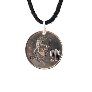 Mexico Coin Necklace, 20 Centavos, Coin Pendant, Leather Cord, Handmade, Mens Necklace, Womens Necklace, 1982