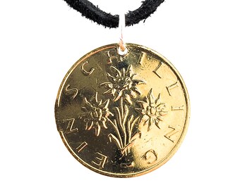 Austrian Coin Necklace, 1 Schilling, Coin Pendant, Edelweiss, Mens Necklace, Womens Necklace, Leather Cord, Birth Year, 1990, 1996, 1998