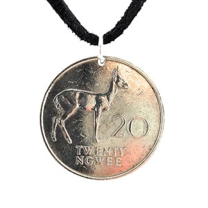 Zambia Coin Necklace, Pendant, 20 Ngwee, Mens Necklace, Womens Necklace, Leather Cord, 1968, Handmade, Vintage, Antelope